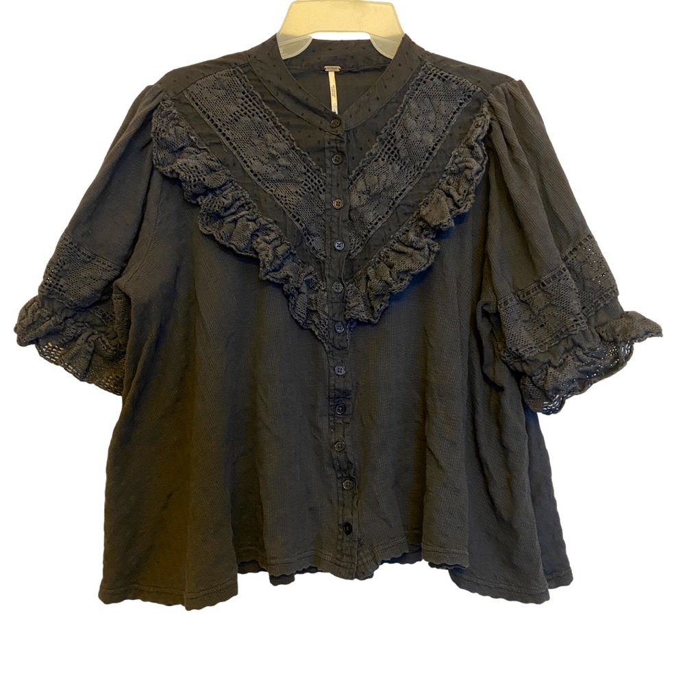 Free People Black Button Down Ruffle Accent Top size Large